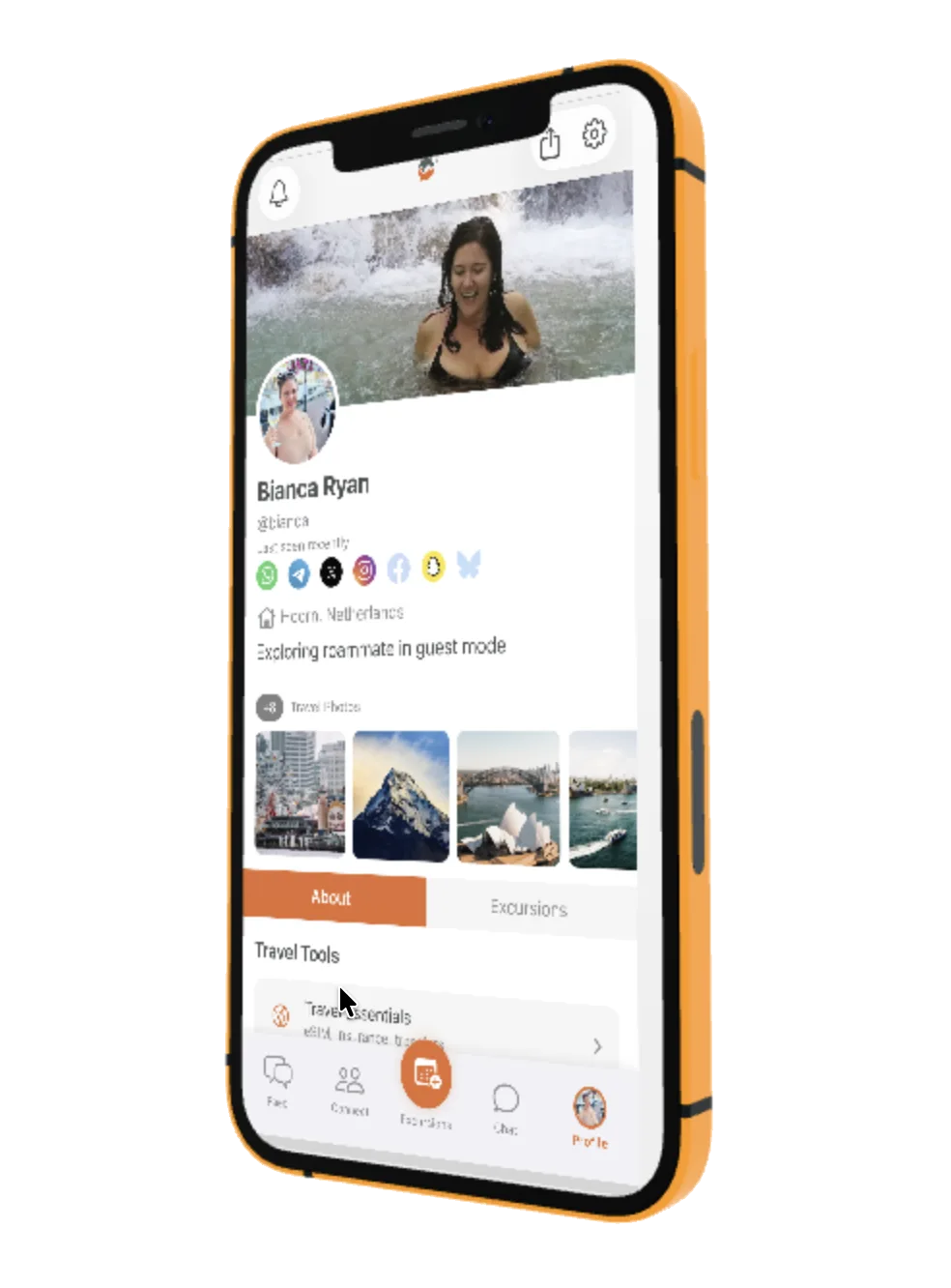 roammate app showing a traveler profile on an iPhone