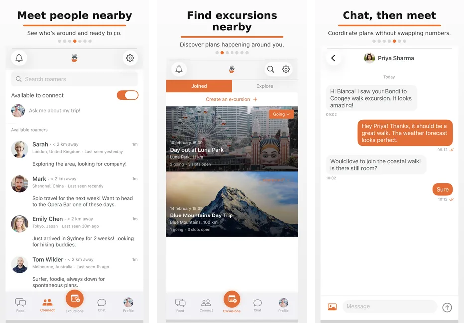 Roammate app screens showing nearby travelers, excursions, and chat