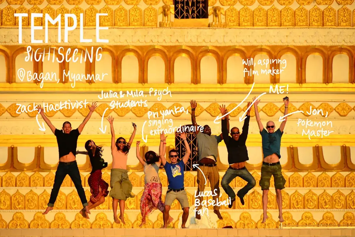 Backpackers trekking through a lush mountain trail at sunrise